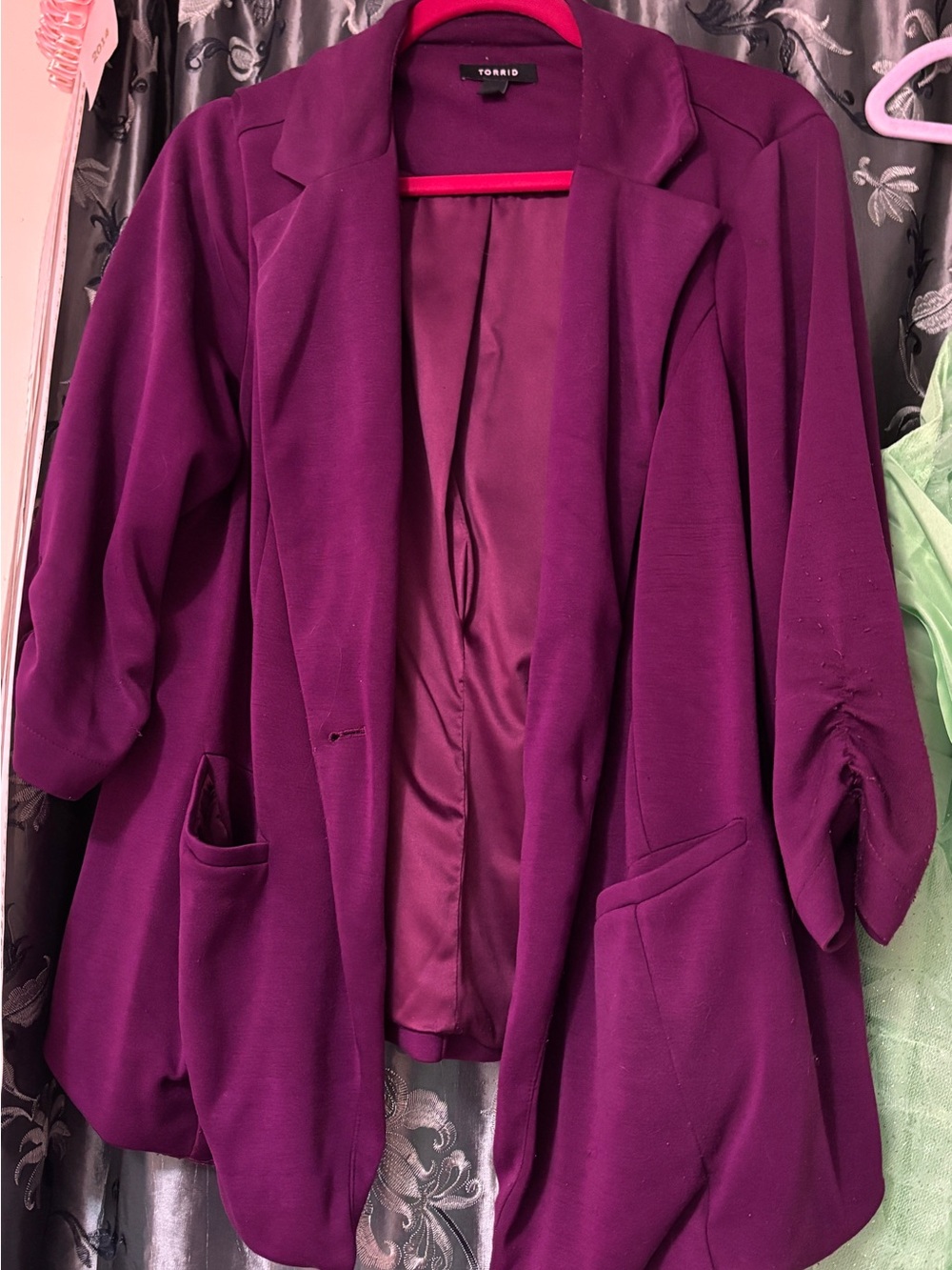 torrid plum open-front blazer with ruched sleeves